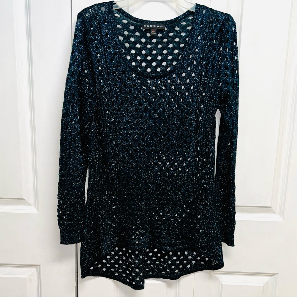 Rock & Republic Blue Shine High Low Knit Tunic Open Knit Sweater Size L